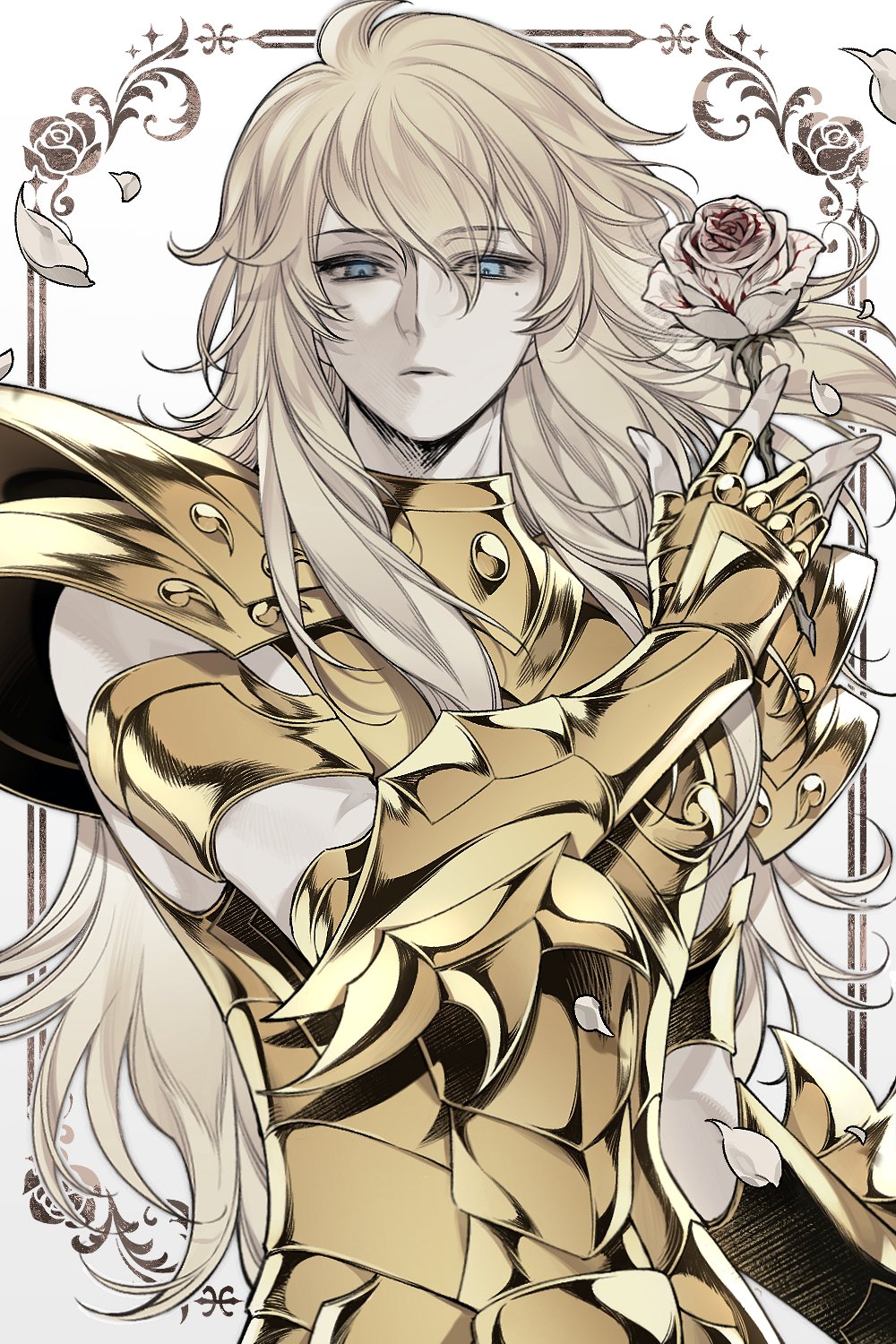 1boy, armor, blue_eyes, border, downturned_eyes, dropping, eyes_visible_through_hair, falling_petals
