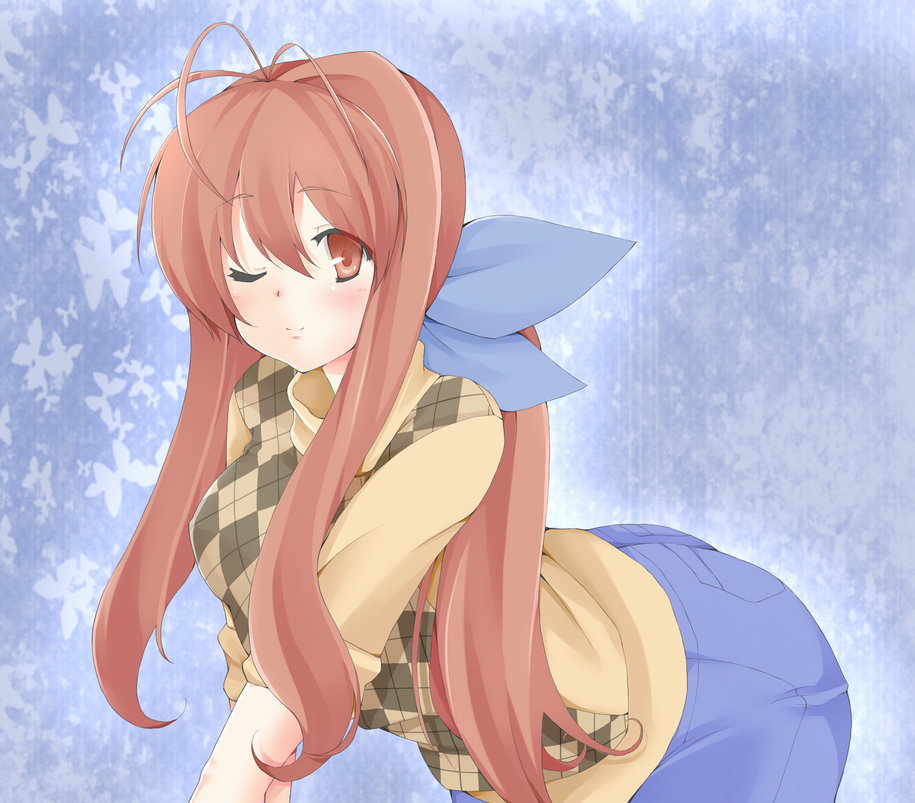bent_over, brown_eyes, brown_hair, clannad, flat_(joppin_karu!), flat_(ko-do), furukawa_sanae, jeans