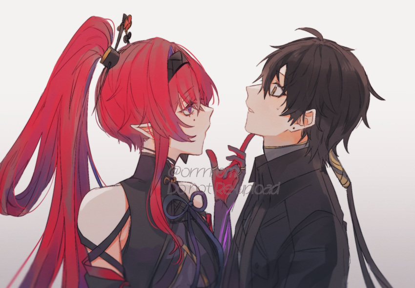 1boy, 1girl, bare_shoulders, black_bodysuit, black_gloves, black_hair, black_jacket, bodysuit