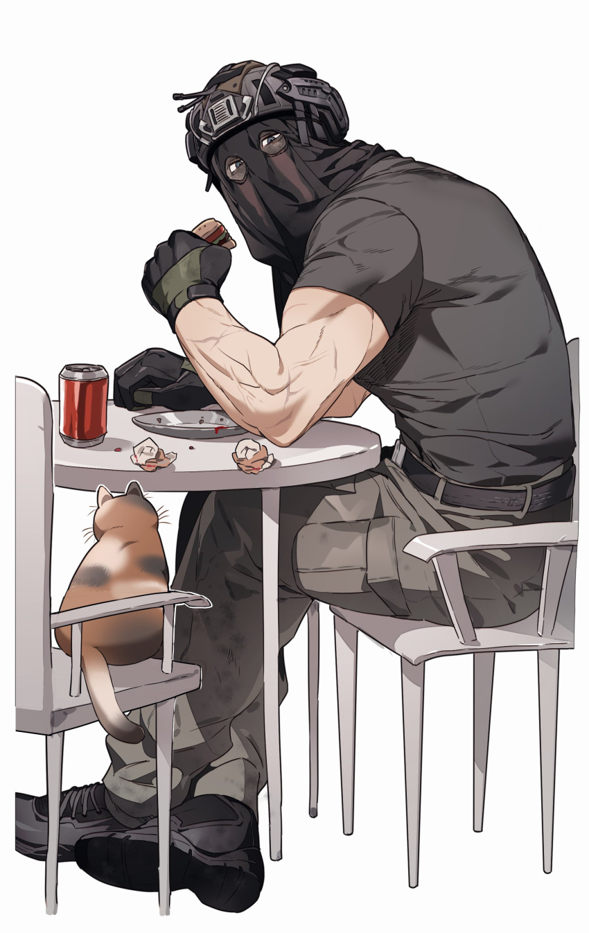 1boy, absurdres, animal, belt, black_belt, black_gloves, black_shirt, burger