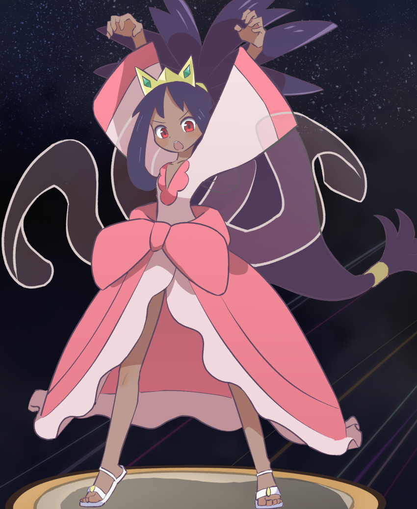 1girl, :o, arms_up, blush, bow, commentary_request, dark-skinned_female, dark_skin