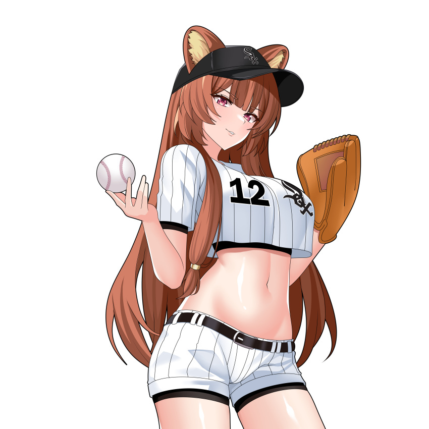 1girl, absurdres, alternate_costume, animal_ear_fluff, animal_ears, ball, baseball_(object), baseball_cap, baseball_mitt, belt, black_belt, black_hat, blunt_bangs, breasts, brown_hair, cowboy_shot, crop_top, crop_top_overhang, eyelashes, hands_up, hat, highres, holding, holding_ball, logo_request, long_hair, looking_at_viewer, medium_breasts, metal_hair_tubes, mukhbita249, navel, parted_lips, pink_eyes, raccoon_ears, raccoon_girl, raphtalia, second-party_source, shirt, short_shorts, short_sleeves, shorts, simple_background, smirk, solo, stomach, striped_clothes, striped_shirt, striped_shorts, tate_no_yuusha_no_nariagari, transparent_background, vertical-striped_clothes, vertical-striped_shirt, vertical-striped_shorts, white_shorts
