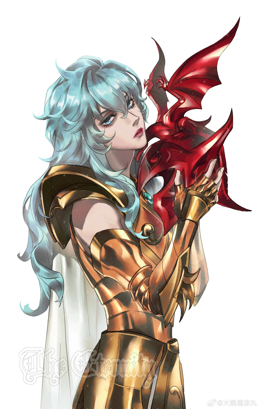 1boy, 632698090, absurdres, armor, blue_eyes, blue_hair, cape, gauntlets, gold_armor, gold_cloth, gold_saint, hair_over_shoulder, helmet, highres, holding, holding_helmet, long_bangs, long_hair, looking_at_viewer, looking_to_the_side, male_focus, mole, mole_under_eye, parted_lips, pauldrons, pisces_aphrodite, red_helmet, saint_seiya, shoulder_armor, sidelocks, simple_background, solo, watermark, white_background, white_cape