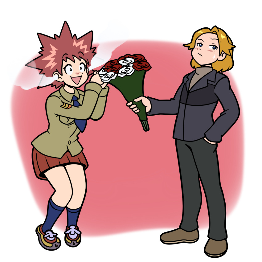 1boy, 1girl, blonde_hair, blush, bouquet, brown_hair, digimon, flower