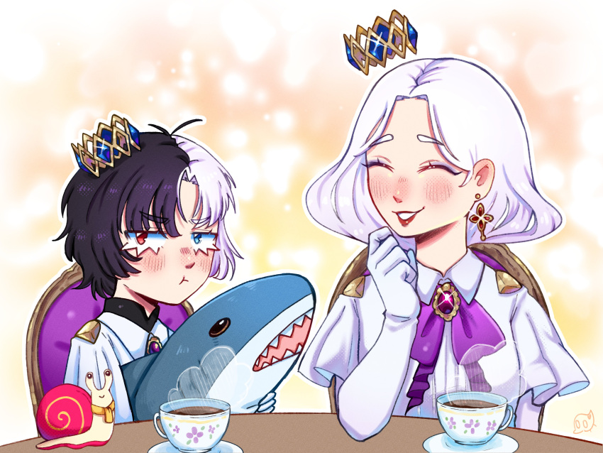 2girls, absurdres, black_hair, blue_eyes, blush, chair, closed_eyes, closed_mouth, commentary, crown, cup, drink, earrings, elbow_gloves, english_commentary, eyelashes, gin_penrose, glint, gloves, heterochromia, highres, holding, holding_stuffed_toy, idol_corp, ikea_shark, jewelry, lipstick, lucinda_grey, makeup, mother_and_daughter, multicolored_hair, multiple_girls, outline, plate, pout, red_eyes, red_lips, rin_penrose, scarf, short_hair, sitting, smile, snail, snebby_(rin_penrose), split-color_hair, stream, stuffed_animal, stuffed_shark, stuffed_toy, table, tea, teacup, two-tone_hair, virtual_youtuber, white_gloves, white_hair, white_outline, yellow_scarf
