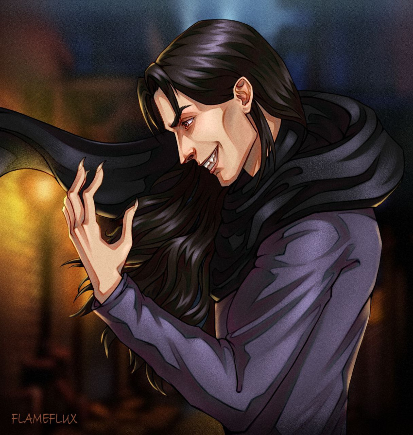 black_hair, black_scarf, brown_eyes, character_name, city, claws, coat, dark_background