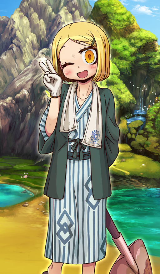 1girl, arm_behind_back, bird, blonde_hair, blue_kimono, blue_sky, blush, chaldea_logo, clouds, collarbone, commentary, day, fate/grand_order, fate_(series), feet_out_of_frame, gloves, grass, green_haori, green_sash, hair_ornament, hairclip, hand_up, haori, holding, holding_shovel, japanese_clothes, kimono, mountain, nature, official_art, one_eye_closed, open_mouth, orange_eyes, outdoors, parted_bangs, paul_bunyan_(fate), paul_bunyan_(traveling_outfit)_(fate), riyo_(lyomsnpmp), sash, short_hair, shovel, sky, small_sweatdrop, smile, solo, standing, striped_clothes, striped_kimono, sunlight, third-party_source, towel, towel_around_neck, two-tone_kimono, v, vertical-striped_clothes, vertical-striped_kimono, water, waterfall, white_gloves, white_kimono