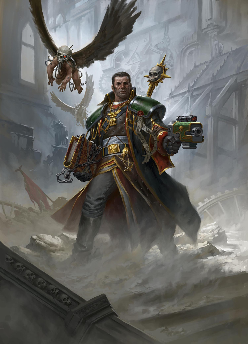 1boy, 2others, animal_skull, arch, architecture, armor, belt_buckle, bird_skull, black_boots, black_coat, black_eyes, black_gloves, black_hair, book, boots, buckle, building, buttoned_cuffs, buttons, cable, chain, cherub_(warhammer), clock, clock_hands, clock_tower, clockwork, closed_mouth, coat, column, commentary, cover, cover_page, cyborg, dust, english_commentary, european_architecture, facial_hair, gears, gloves, gold_buckle, gold_buttons, gold_chain, gold_trim, gothic_architecture, gregor_eisenhorn, grey_pants, high_collar, highres, holding, holding_bolter, holding_book, imperial_aquila, inquisition_(warhammer), johan_grenier, knee_boots, laser_sight, layered_clothes, leather, leather_armor, leather_gloves, lock, looking_at_viewer, male_focus, military_uniform, multiple_others, official_art, pants, pauldrons, pillar, purity_seal, red_flag, red_sleeve_cuffs, ruins, serious, servo-skull, short_hair, shoulder_armor, skull_ornament, sleeve_cuffs, spire, strap, stubble, thigh_boots, torn_flag, tower, warhammer_40k, window, wings