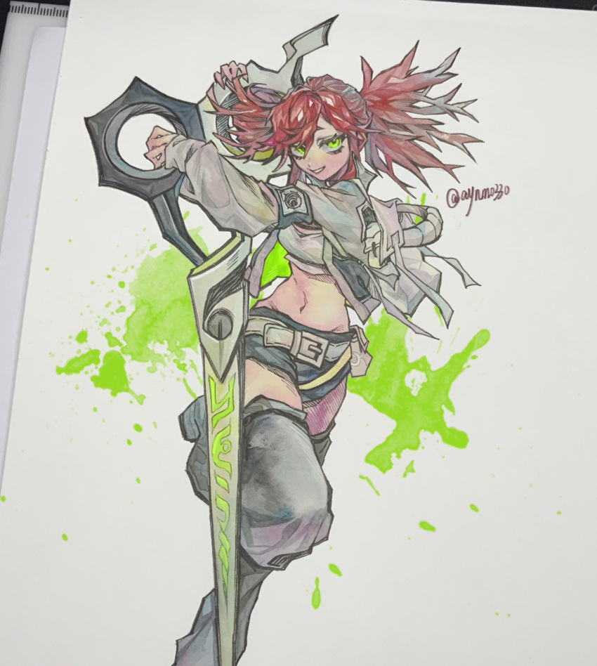 1girl, artist_name, asymmetrical_hair, aynm010330, belt, black_thighhighs, commentary, gachiakuta, green_eyes, grey_belt, grey_jacket, grin, hashtag-only_commentary, highres, holding, holding_scissors, holding_weapon, jacket, leg_up, looking_at_viewer, midriff, navel, photo_(medium), red_hair, riyou_(gachiakuta), scissors, sleeves_past_wrists, smile, solo, standing, standing_on_one_leg, symbol-only_commentary, thigh-highs, traditional_media, twintails, twitter_username, weapon
