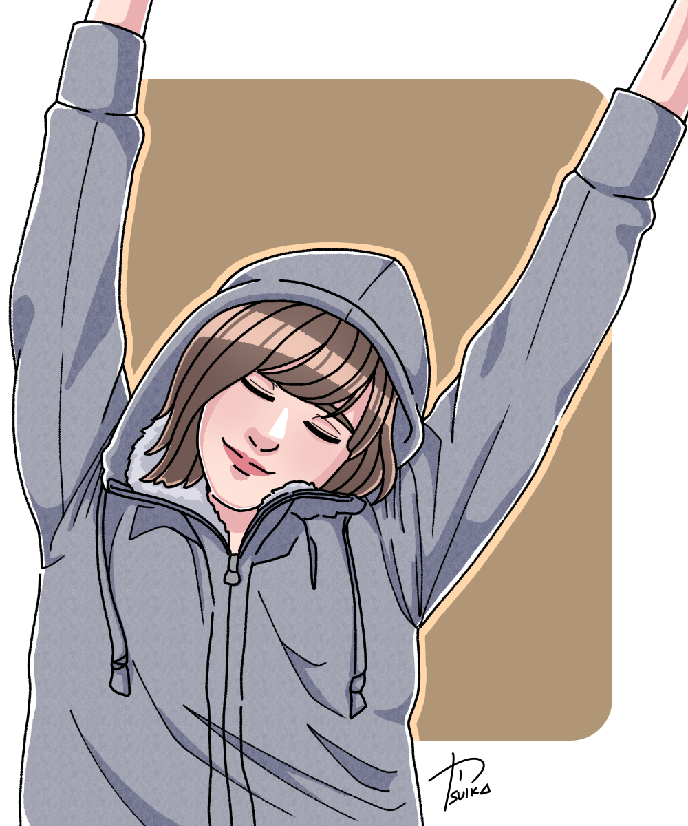 1girl, arms_up, artist_name, brown_background, closed_eyes, facing_viewer, grey_hoodie, highres