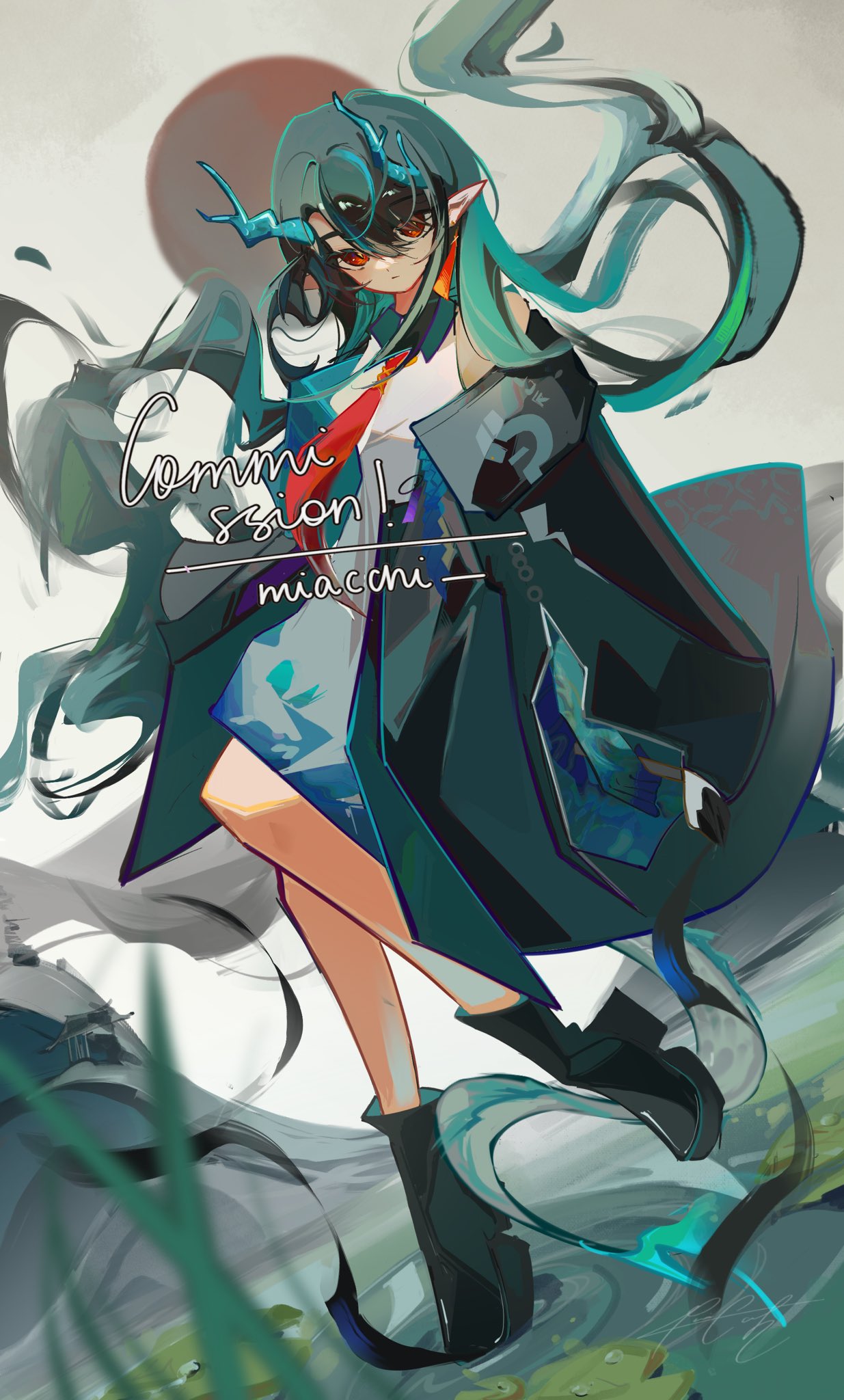 1girl, arknights, black_hair, colored_extremities, colored_skin, dragon_girl, dragon_horns, dragon_tail