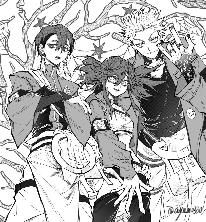 1girl, 2boys, asymmetrical_hair, aynm010330, character_request, chinese_commentary, crossed_arms, earrings