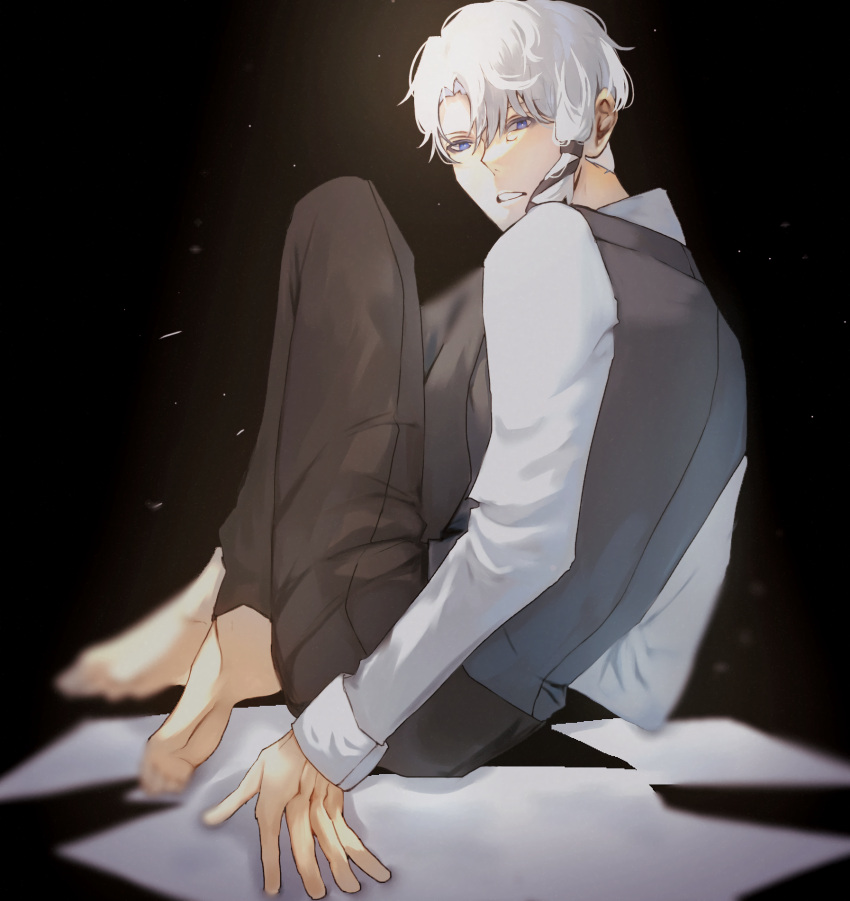1boy, barefoot, black_background, black_hair, black_pants, black_vest, blue_eyes, blurry