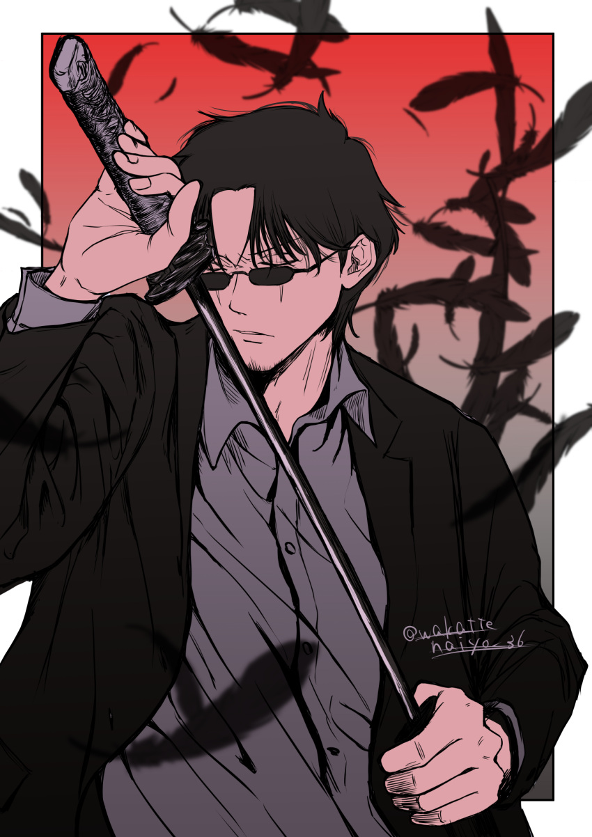 1boy, artist_name, beard_stubble, black_feathers, black_hair, closed_eyes, collared_shirt, facial_hair