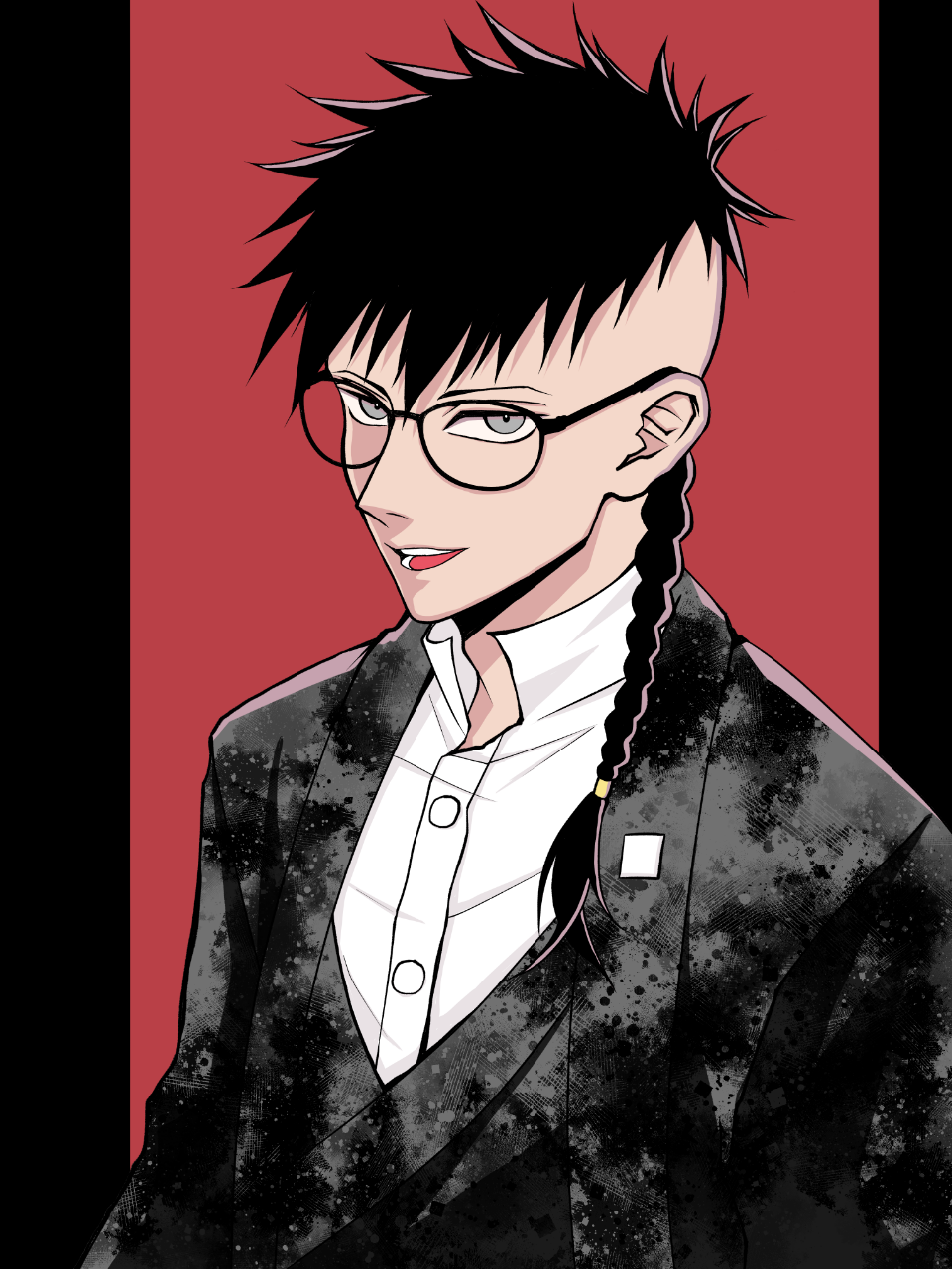 1boy, black-framed_eyewear, black_vest, braid, grey_eyes, hagiwara_ikuto, highres, kagurabachi, kayowacool007, looking_at_viewer, red_background, shirt, solo, upper_body, vest, white_shirt