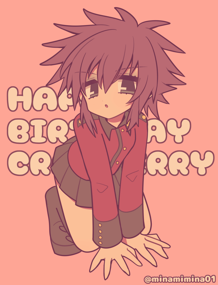 1girl, absurdres, all_fours, birthday, black_boots, black_skirt, boots, character_name