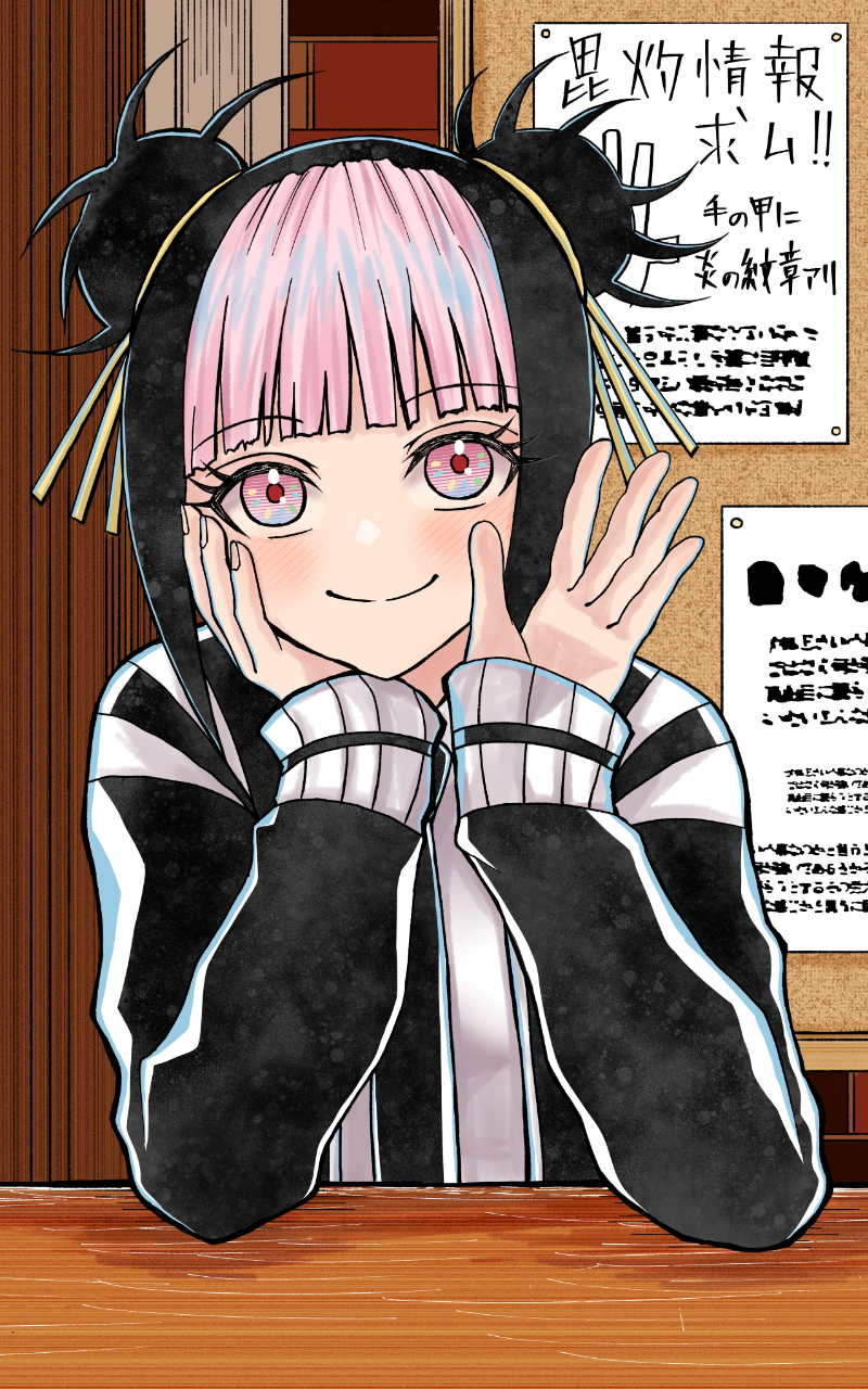 1girl, black_hair, black_jacket, black_necktie, bulletin_board, comic_panel_redraw, derivative_work, double_bun