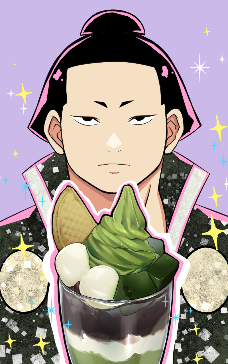1boy, black_eyes, black_hair, highres, kagurabachi, kayowacool007, looking_at_viewer, matcha_parfait