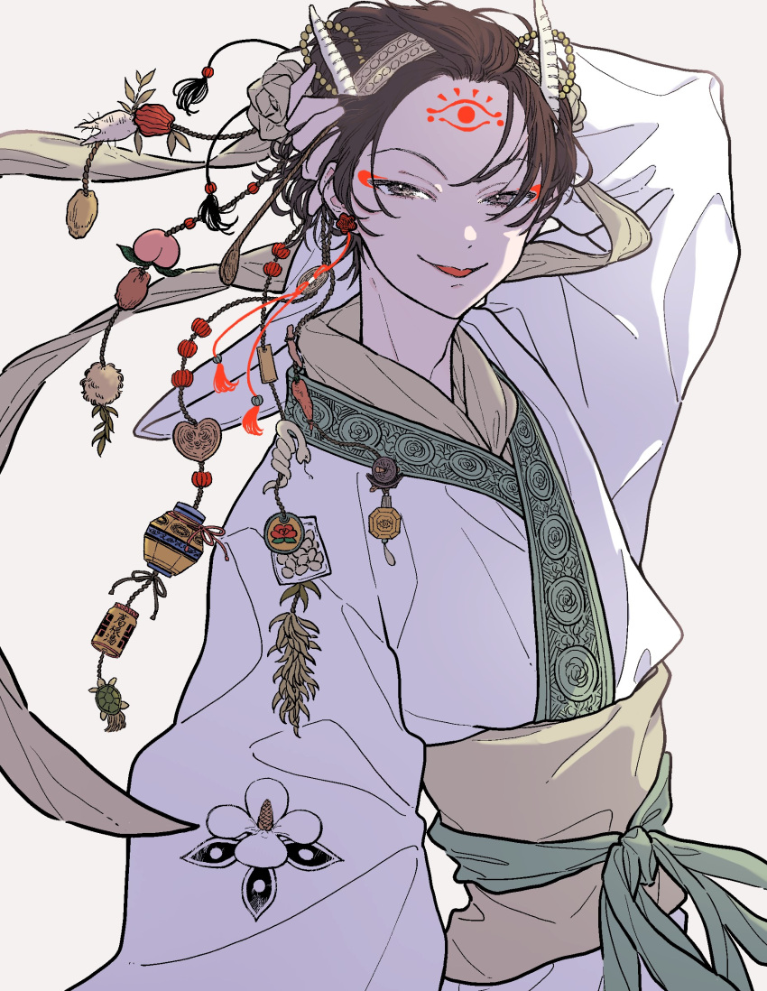 1boy, black_hair, chinese_clothes, hair_ornament, hakutaku_(hoozuki_no_reitetsu), highres, hoozuki_no_reitetsu, horns