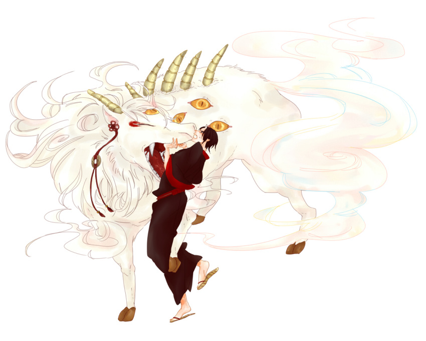 1boy, bai_ze_(mythology), black_hair, black_kimono, demon_boy, extra_eyes, hakutaku_(hoozuki_no_reitetsu), hoozuki_(hoozuki_no_reitetsu)