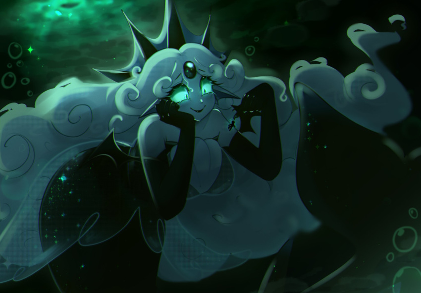 1girl, 1other, bare_shoulders, black_dress, black_gloves, black_pearl_cookie, black_tiara, breasts, closed_mouth, commentary, cookie_run, cookie_run:_kingdom, curly_hair, dress, elbow_gloves, english_text, fins, gem, giant, giantess, gloves, head_fins, highres, larahhhhhhish, large_breasts, long_hair, looking_at_another, mermaid, monster_girl, pearl_(gemstone), see-through_clothes, see-through_dress, slit_pupils, smile, strapless, strapless_dress, tiara, underwater, very_long_hair, white_hair, winged_gloves