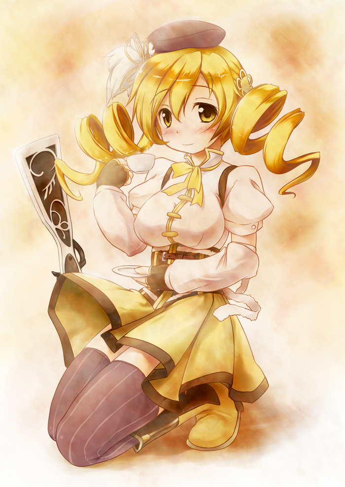 beret, blonde_hair, boots, breasts, brown_legwear, corset, cup, detached_sleeves