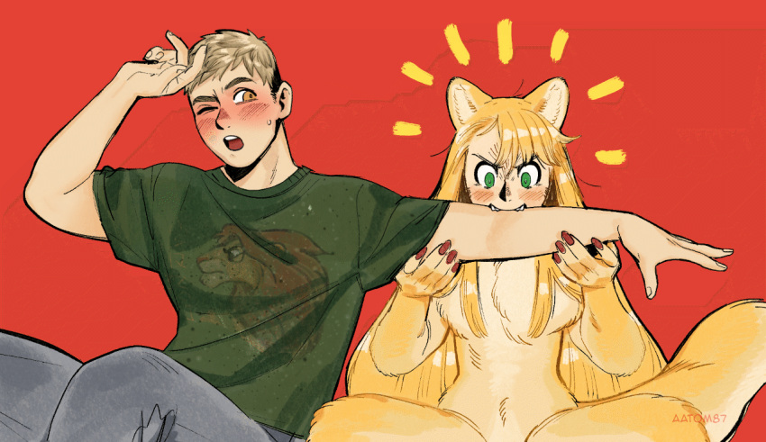 1boy, 1girl, aatom87, artist_name, biting, blonde_hair, blush, commentary