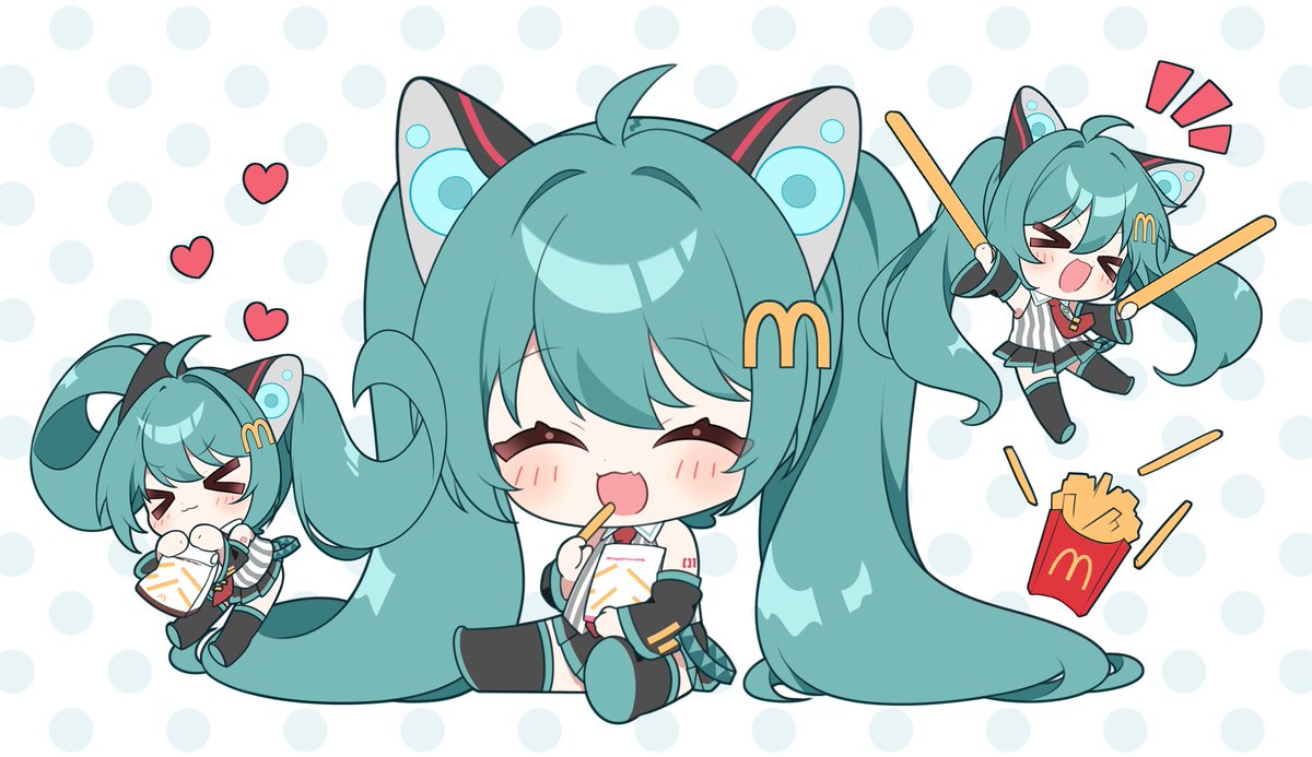 >_<, 1girl, :3, ^_^, ahoge, animal_ears, aqua_hair, arm_tattoo, bag, blush, boots, cat_ears, chibi, chibi_only, closed_eyes, collared_shirt, colored_shoe_soles, detached_sleeves, eating, fang, food, french_fries, hatsune_miku, heart, holding, holding_bag, holding_food, logo_hair_ornament, long_hair, mcdonald's, necktie, number_tattoo, open_mouth, paper_bag, pleated_skirt, polka_dot, polka_dot_background, red_necktie, shakacat, shake_shake_fries, shirt, sitting, skin_fang, skirt, sleeveless, sleeveless_shirt, smile, solo, striped_clothes, striped_shirt, tattoo, thigh_boots, tie_clip, vertical-striped_clothes, vertical-striped_shirt, very_long_hair, vocaloid, yuni_(irohasuiroiro)