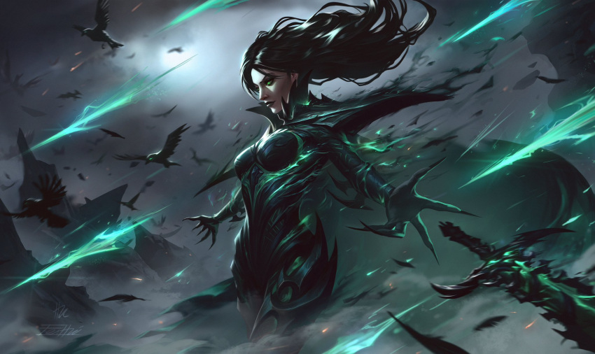 1girl, armor, bird, black_hair, bodysuit, breasts, cape, crow