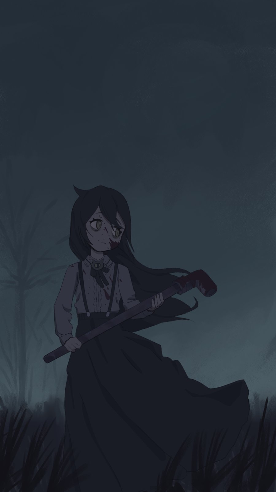 1girl, bare_tree, black_bow, black_bowtie, black_skirt, black_suspenders, blood, blood_on_clothes
