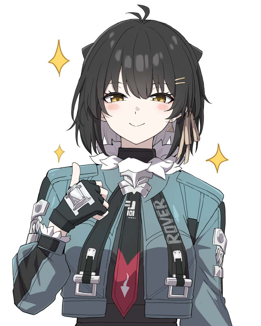 1girl, =_hair_ornament, absurdres, antenna_hair, asiri_senpai, black_gloves, black_hair, black_necktie