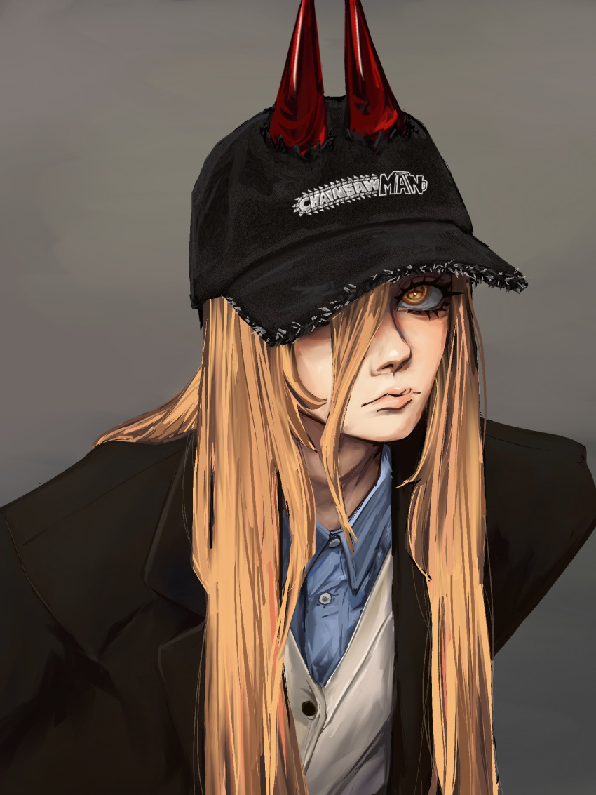 1girl, baseball_cap, black_hat, black_jacket, blonde_hair, blue_shirt, chainsaw_man, closed_mouth