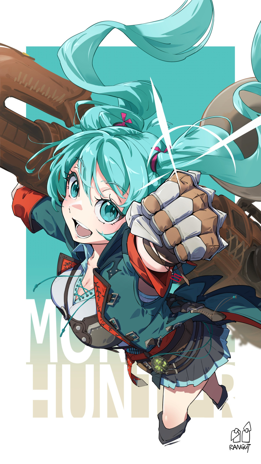 1girl, absurdres, aqua_eyes, aqua_hair, boots, breasts, gloves, hair_ornament