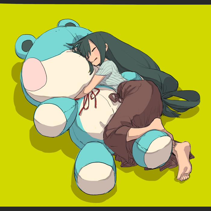 1girl, asui_tsuyu, blush, boku_no_hero_academia, brown_pants, closed_eyes, cuddling, green_background
