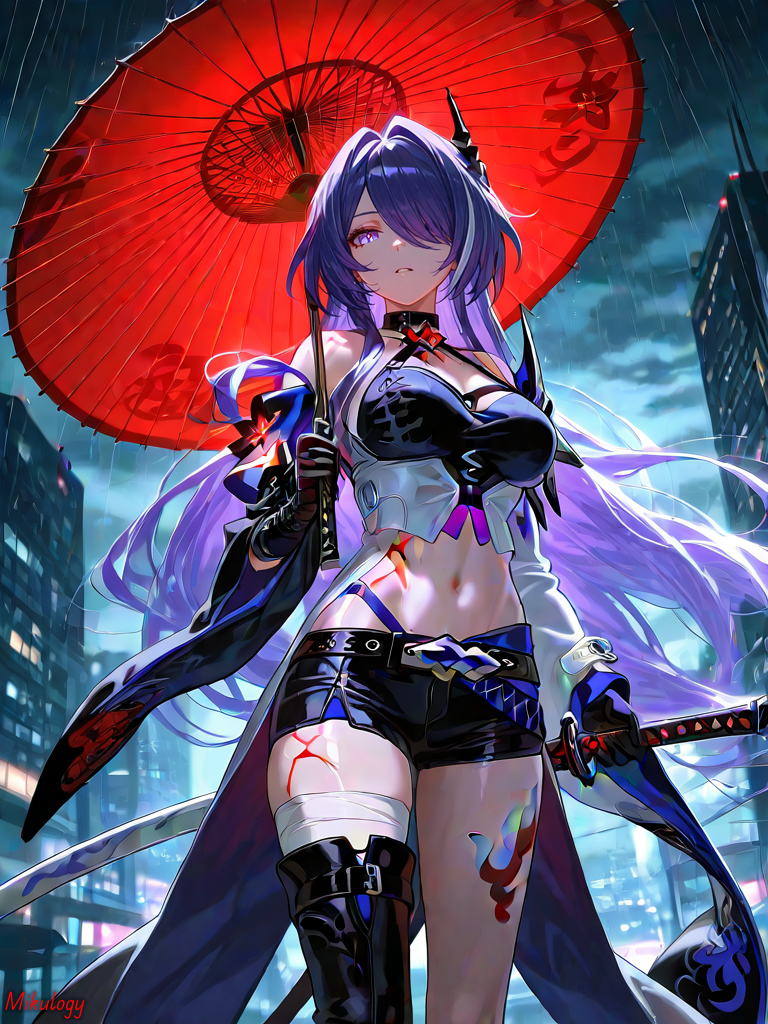 acheron_(honkai:_star_rail), ai-generated, asymmetrical_footwear, black_choker, black_hole, boots, chain, chain_around_arm
