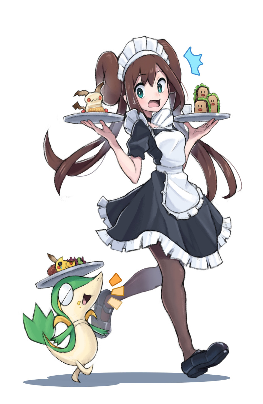 1girl, absurdres, apron, black_dress, black_shoes, brown_hair, character-themed_food, commentary