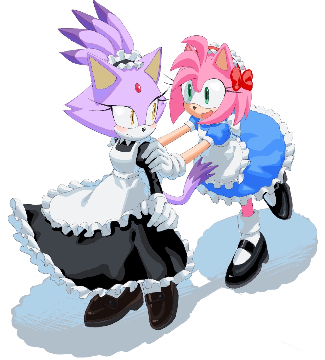 2girls, 3i8akira, :d, amy_rose, animal_ears, animal_nose, apron, black_dress