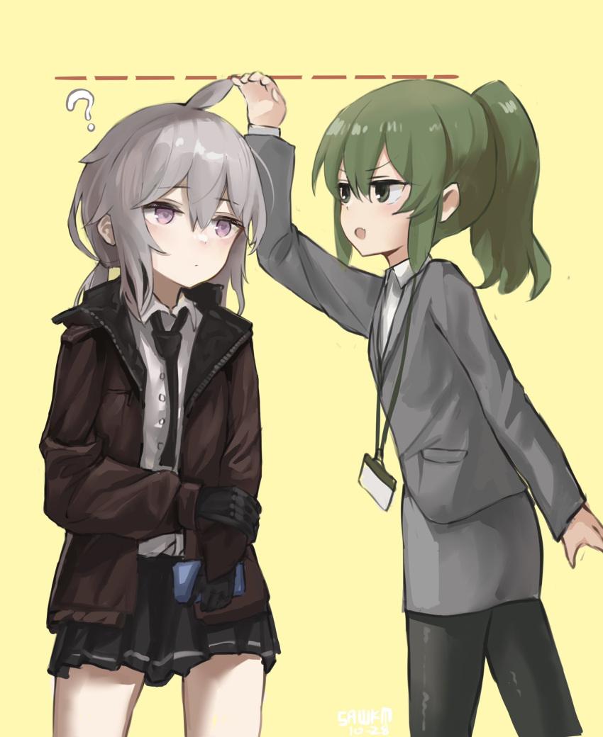 2girls, ?, ahoge, artist_name, black_pantyhose, black_skirt, brown_jacket, buttons