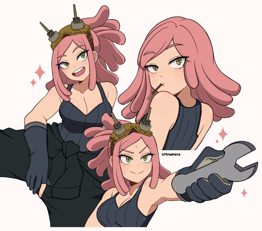 1girl, absurdres, artist_name, black_gloves, black_pants, black_tank_top, boku_no_hero_academia, cremanata