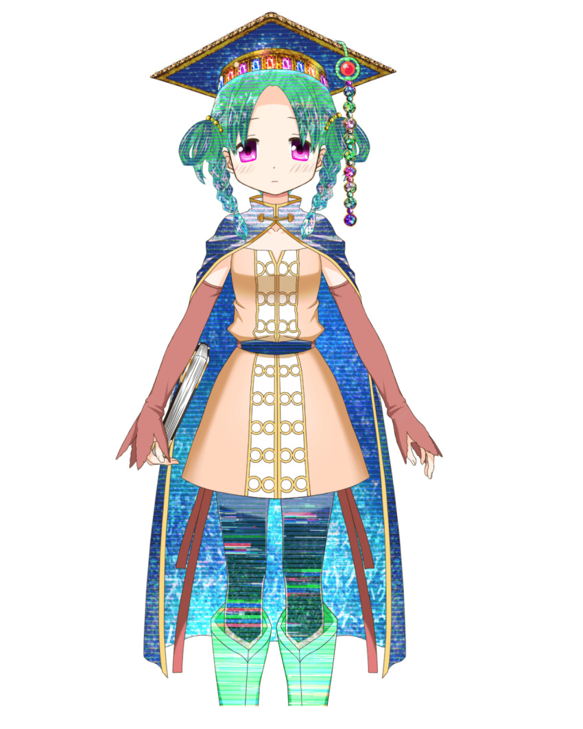 aqua_hair, book, boots, braid, detached_sleeves, game_cg, gloves, hat