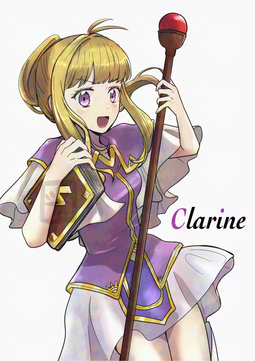 1girl, :d, blonde_hair, book, character_name, clarine_(fire_emblem), dress, fire_emblem