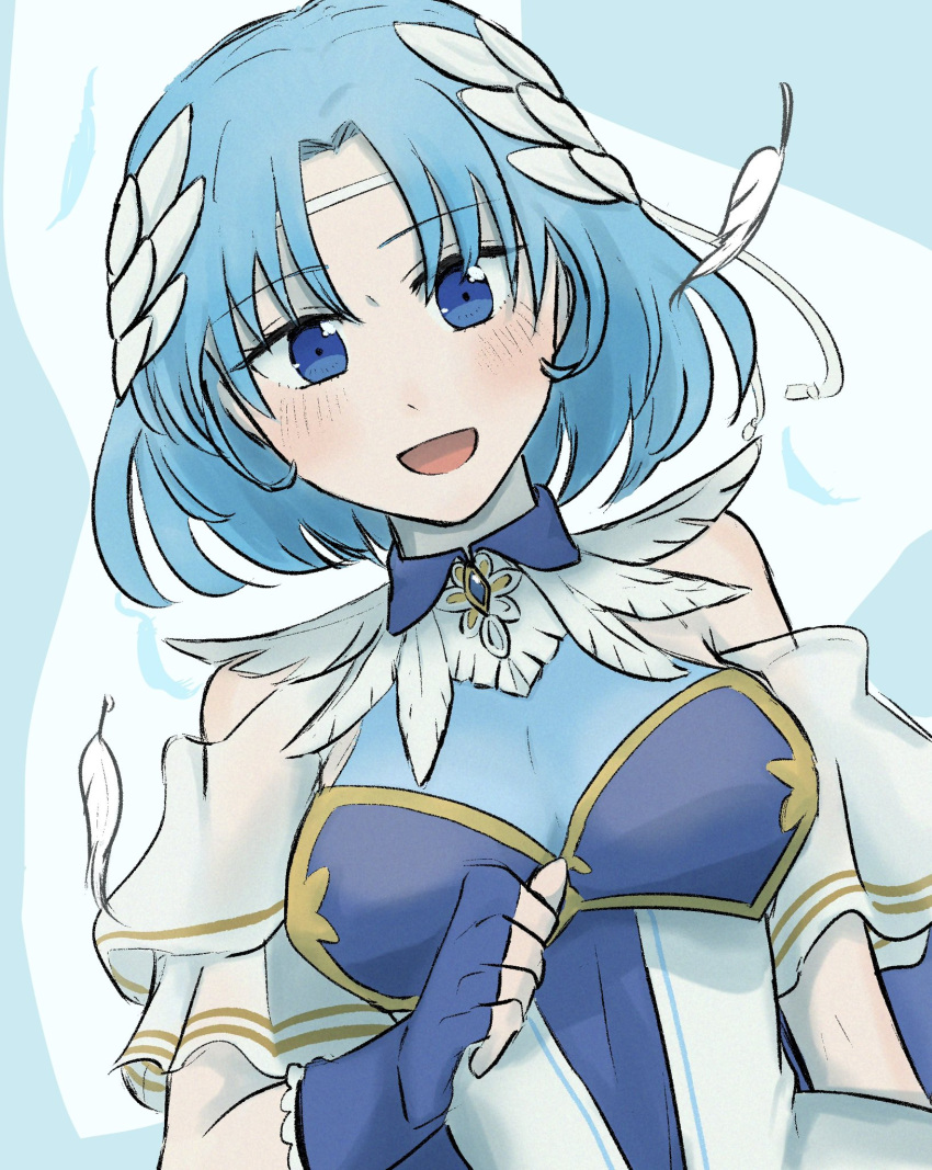 1girl, :d, armor, bare_shoulders, blue_eyes, blue_gloves, blue_hair, breastplate