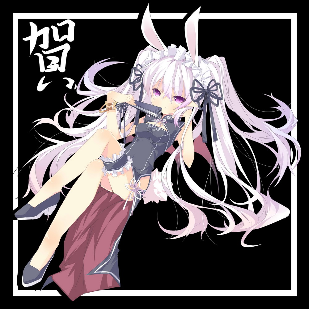 bunny_ears, china_dress, chinese_clothes, chinese_new_year, cleavage_cutout, crossed_legs, demon_girl, fake_animal_ears, fan, folding_fan, hair_ribbon, lavender_hair, legs_crossed, long_hair, mofetousu_furuna, original, pointy_ears, purple_hair, ribbon, saru, side_slit, sitting, solo, tail, thigh_strap, twintails, very_long_hair, white_hair, wings