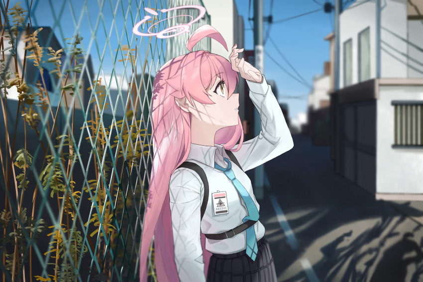 1girl, absurdres, abydos_high_school_logo, against_railing, ahoge, arm_up, black_skirt, blue_archive
