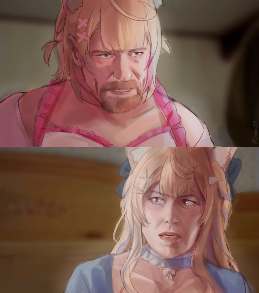 1boy, 1girl, animal_ears, beard, blonde_hair, blue_hair, blue_jacket, breaking_bad