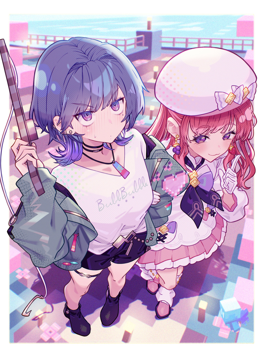 2girls, :3, absurdres, beret, blush, casual, choker, earrings