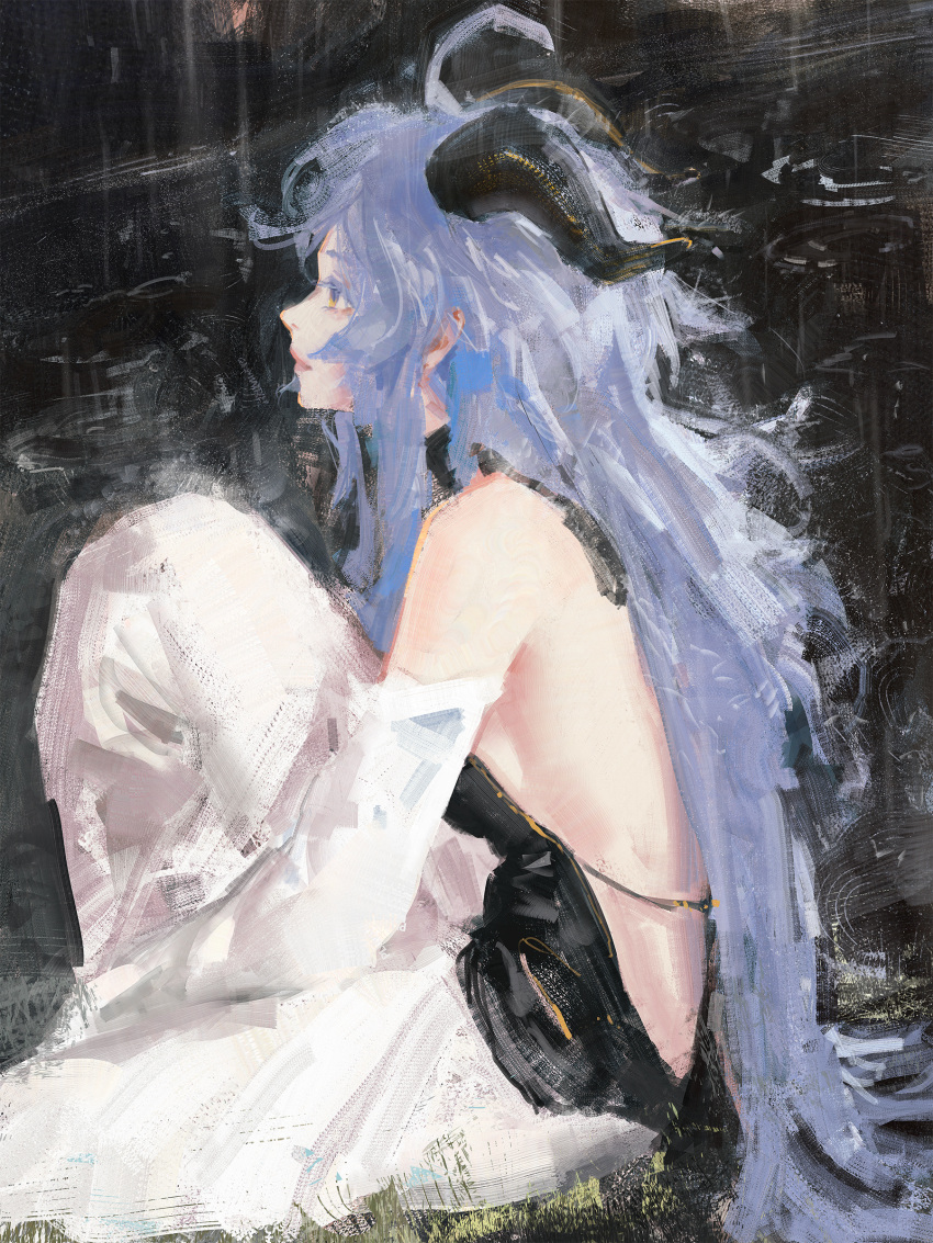 absurdres, backless_dress, backless_outfit, black_horns, blue_hair, dress, ganyu_(genshin_impact), genshin_impact