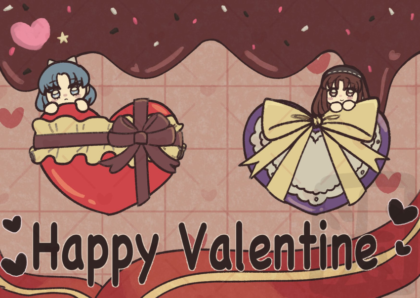 2girls, blue_eyes, blue_hair, brown_eyes, brown_hair, candy, chibi, chibi_only