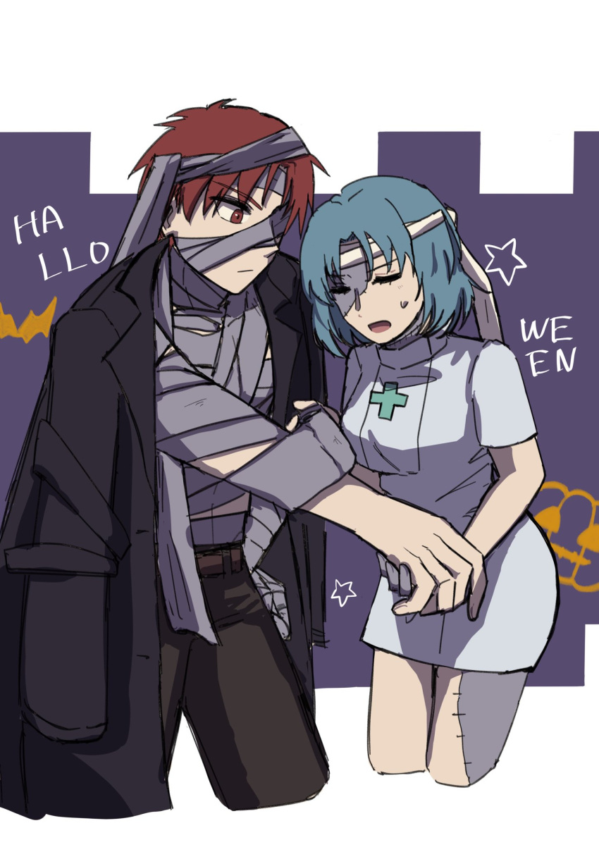 1boy, 1girl, alen_(fire_emblem), bandages, black_coat, black_pants, blue_hair, closed_eyes