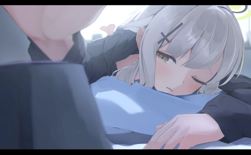 1girl, alarm_clock, barefoot, black_pajamas, blue_archive, blunt_bangs, blurry, blush